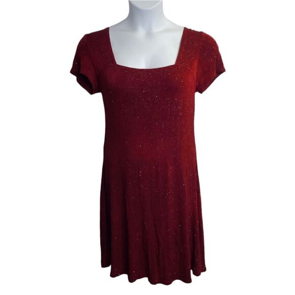 VINTAGE 90s red sparkle All That Jazz square neck stretch swing dress M‎ - Picture 3 of 10